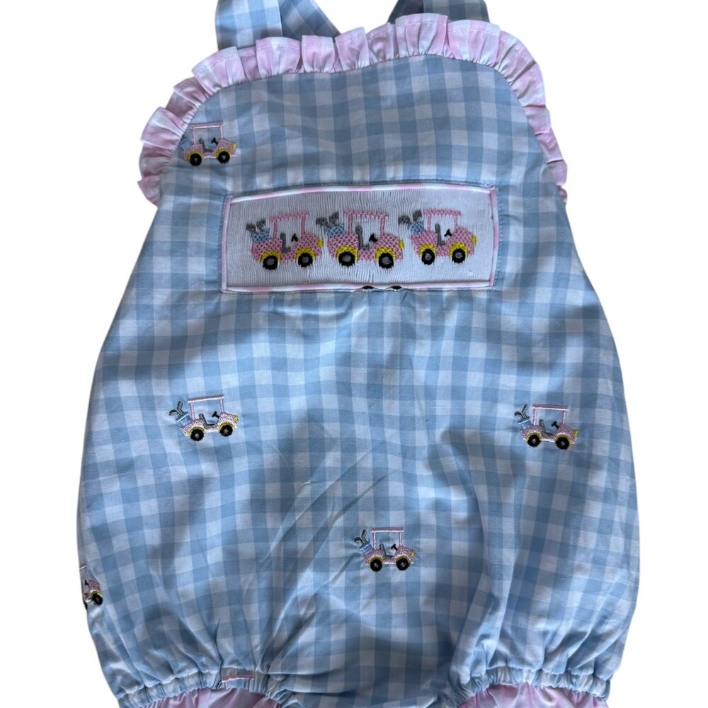 Smocked Golf Cart Bubble – Blue Gingham Pink Ruffle | NWT | The Sage Smocking Co